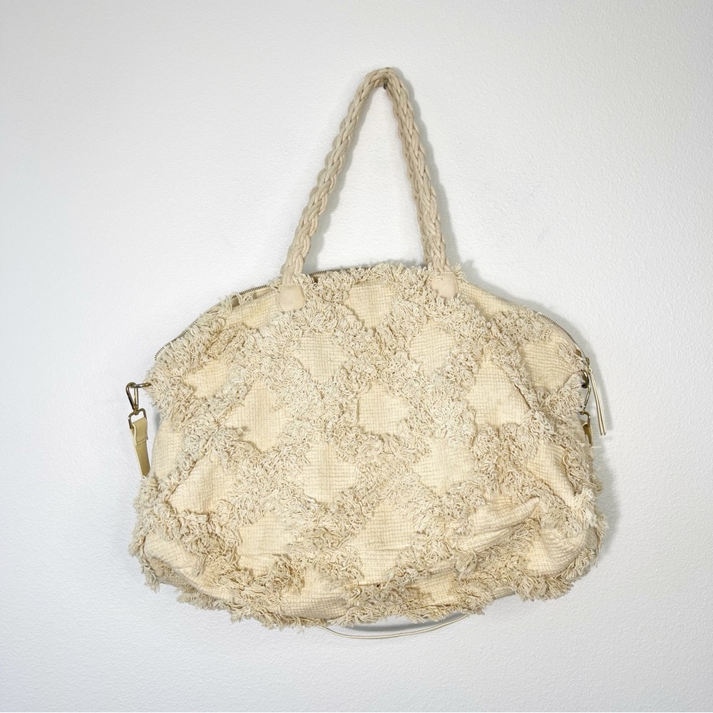 Anthropologie Trellis Weekender Tote Fringe Cream Large Boho Bag - Picture 3 of 12